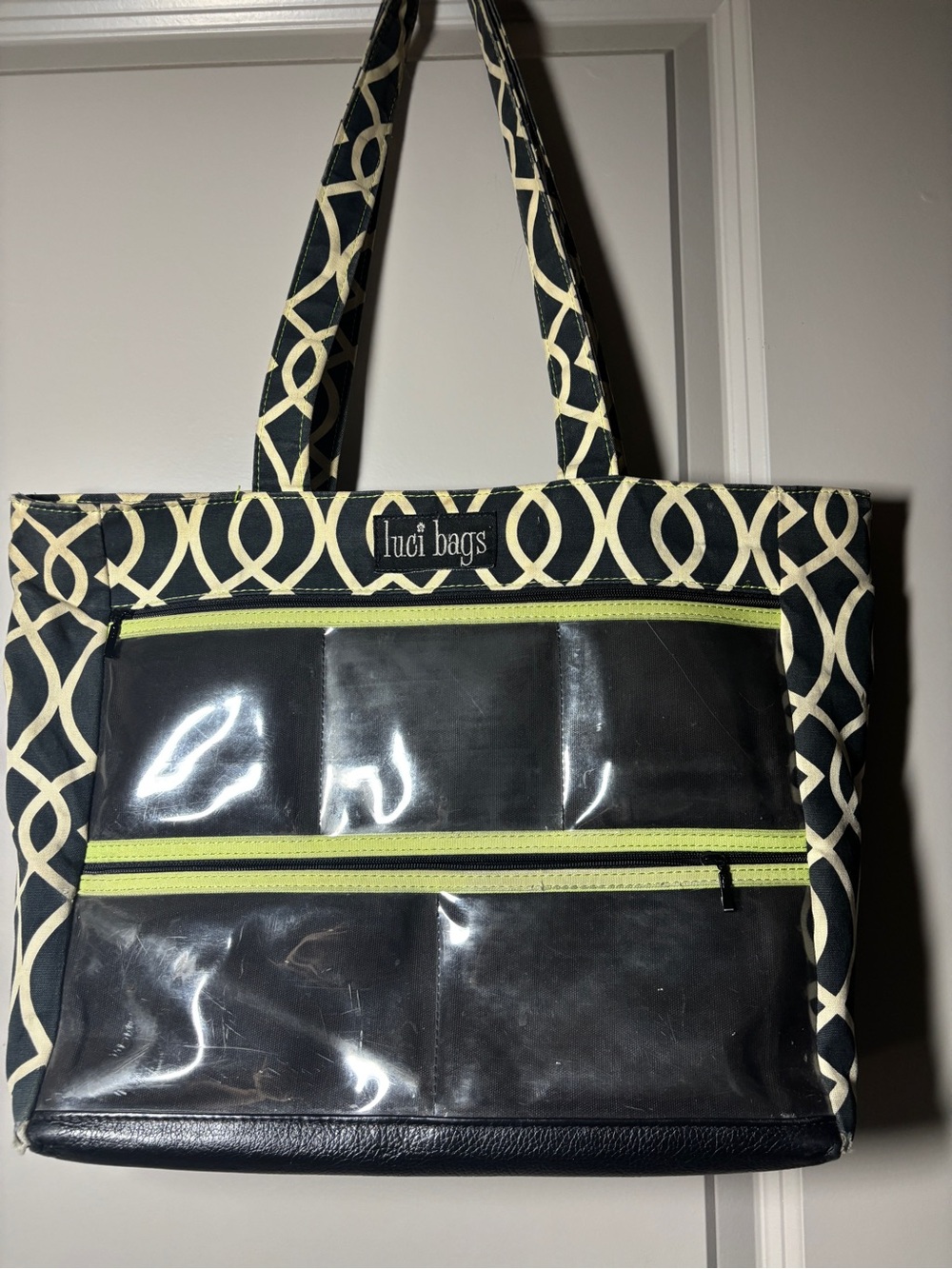 Inci Bags Black & Cream Patterned Tote with Lime Trim